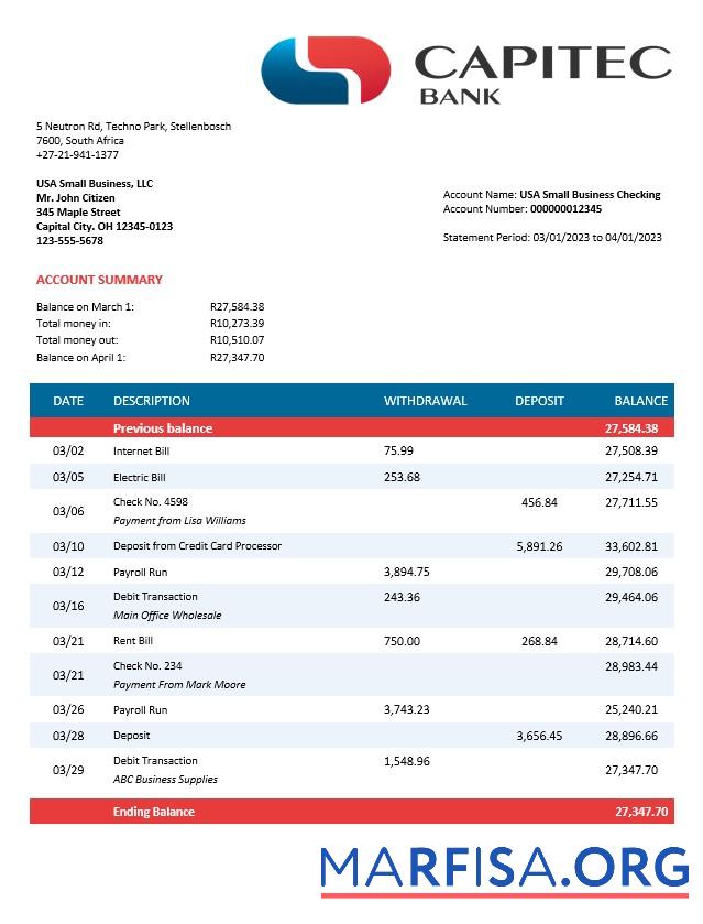 Printable Capitec Bank firm account statement Word and PDF template